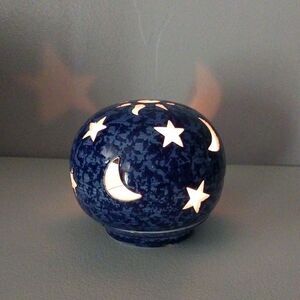 Blue Ceramic Moon Stars Tealight Candle Holder Celestial Luminary Spongeware Y2K